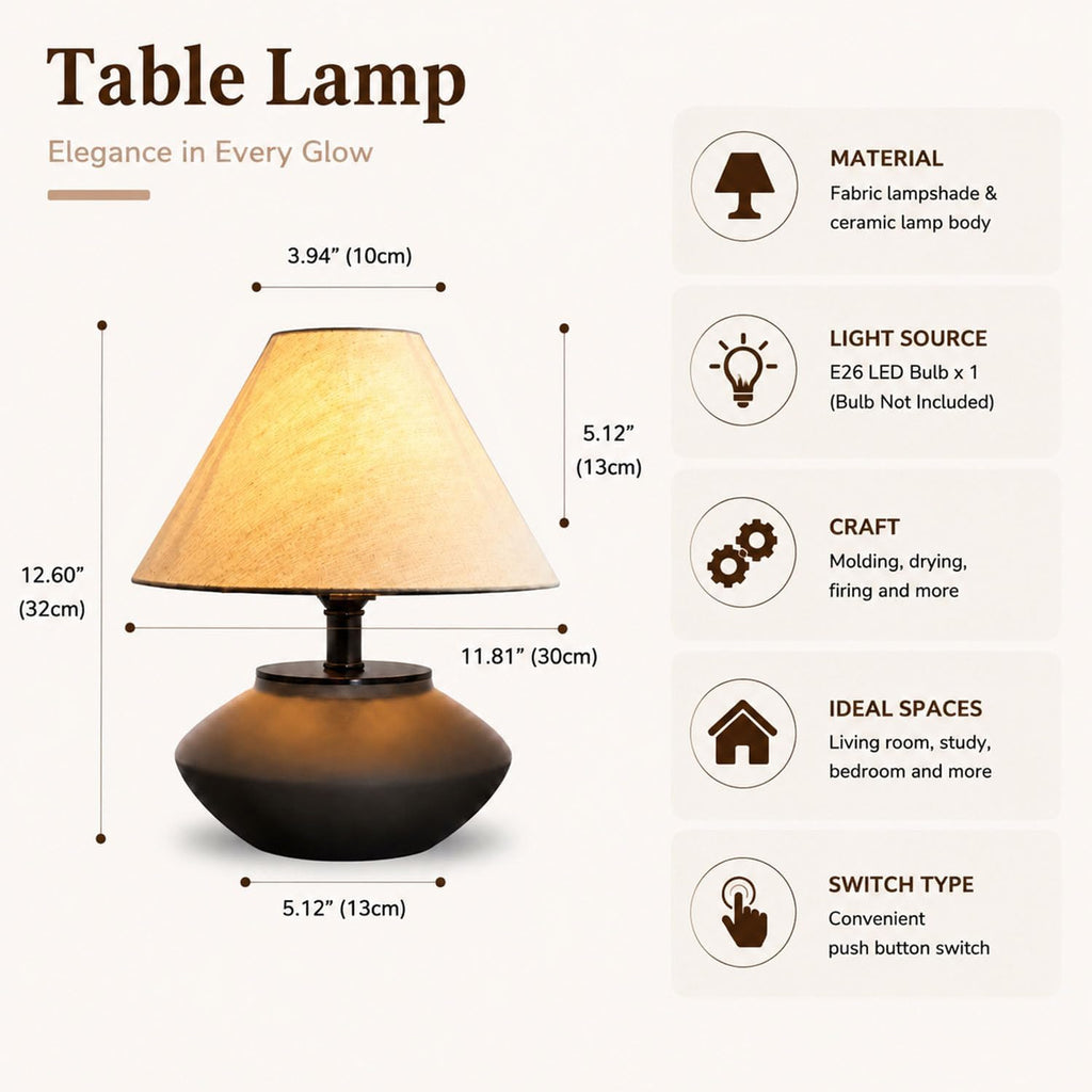 Velvero Farmhouse Ceramic Table Lamp – Black Base, Linen Shade