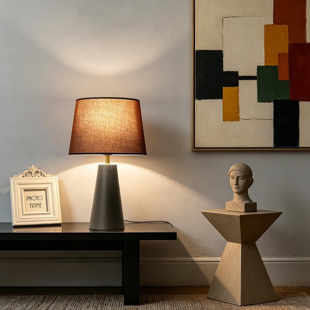 Velvero Modern Bedside Table Lamp – Linen Shade, Black Metal Base