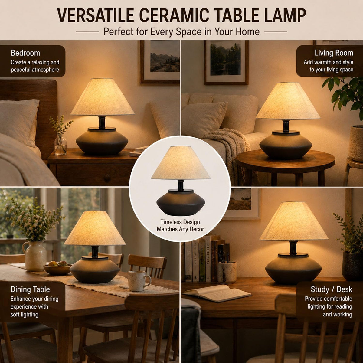 Velvero Farmhouse Ceramic Table Lamp – Black Base, Linen Shade