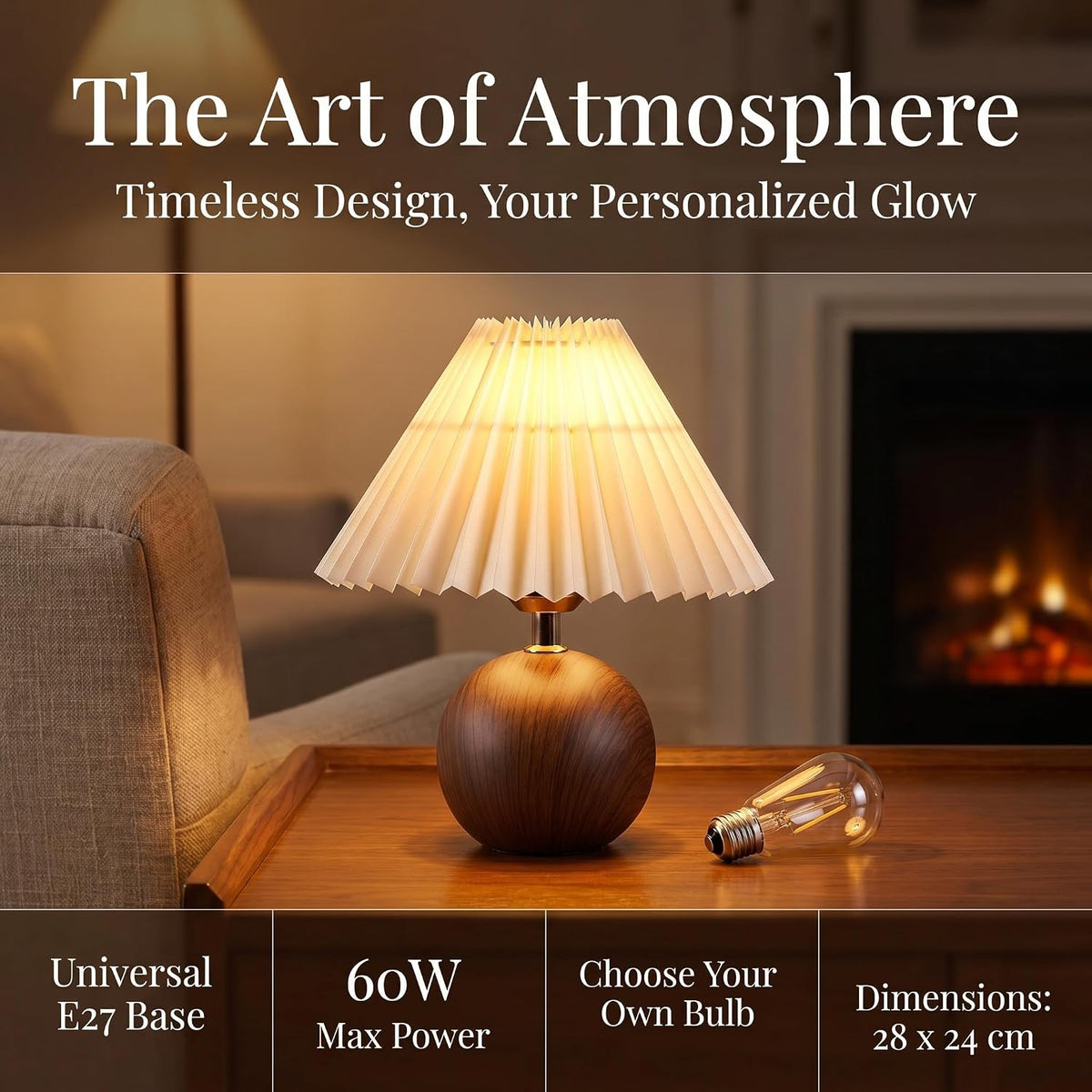 Velvero Ceramic Globe Table Lamp – Walnut Base, Beige Shade