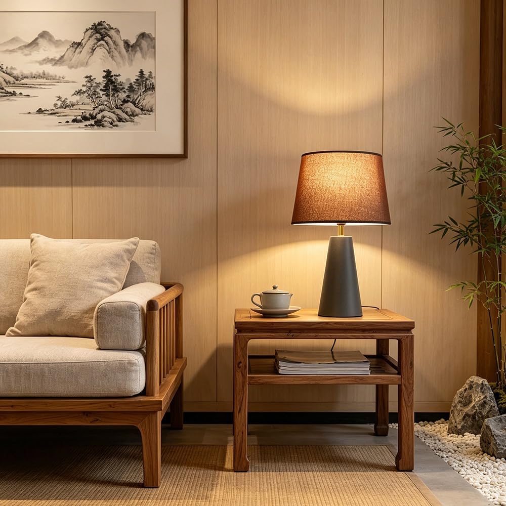 Velvero Modern Bedside Table Lamp – Linen Shade, Black Metal Base