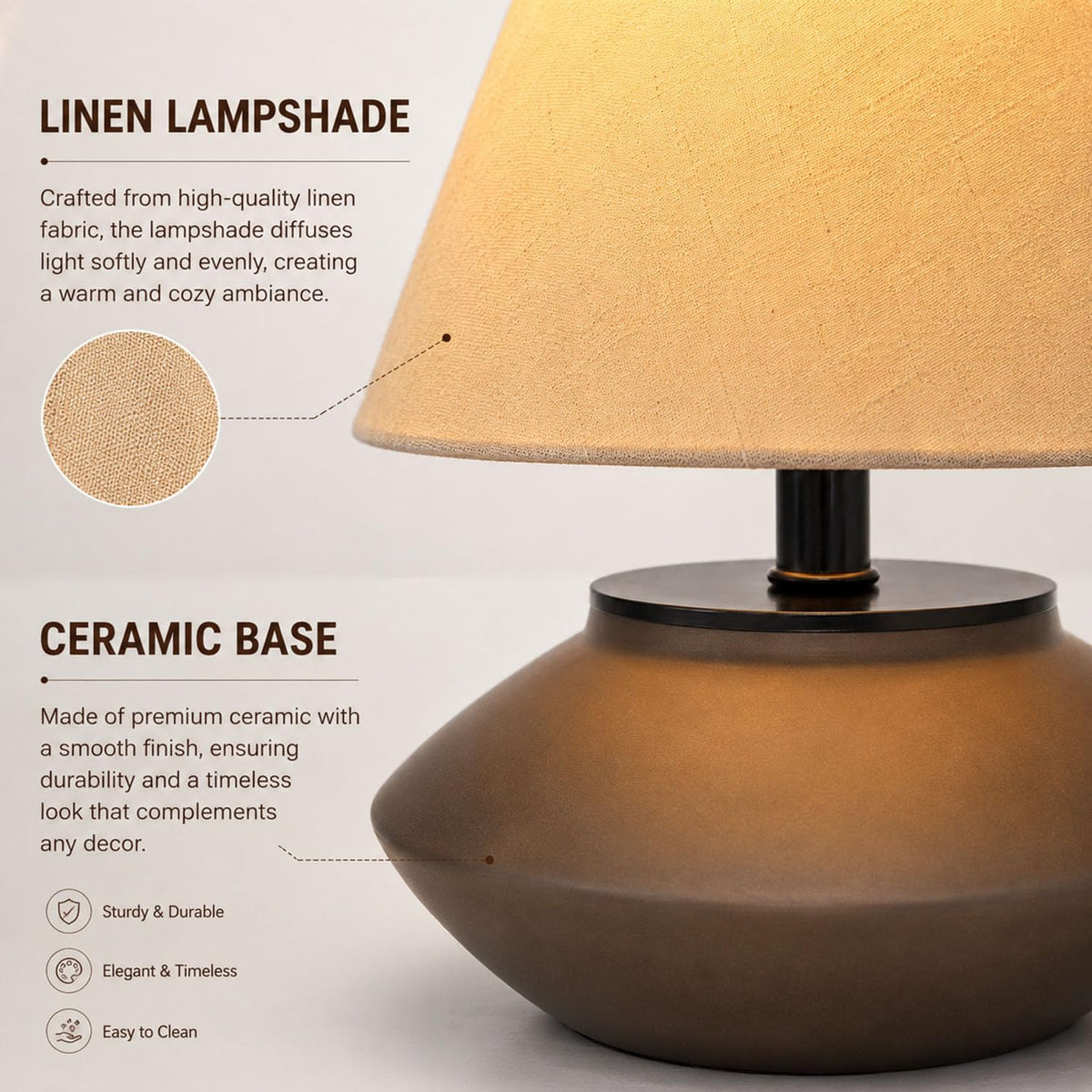 Velvero Farmhouse Ceramic Table Lamp – Black Base, Linen Shade