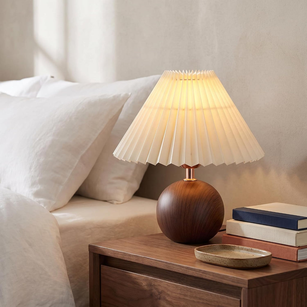 Velvero Ceramic Globe Table Lamp – Walnut Base, Beige Shade