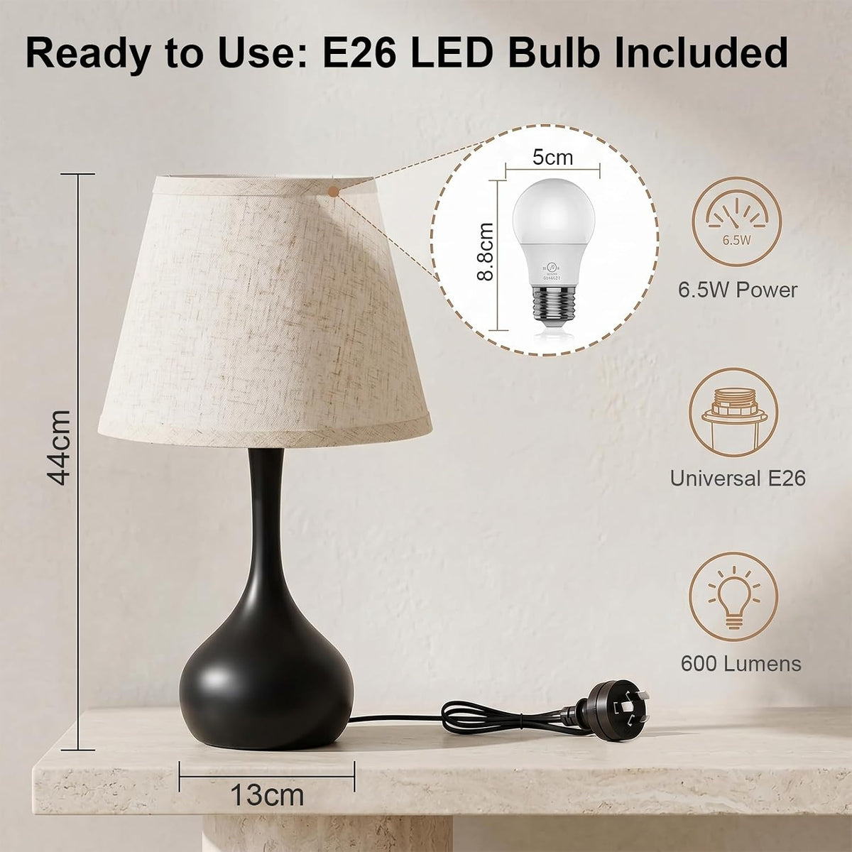 Velvero Touch Bedside Table Lamp – 3-Way Dimmable with Fabric Shade