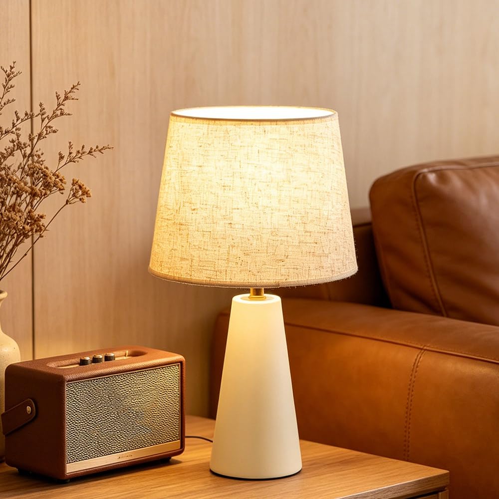 Velvero Modern Bedside Table Lamp – Linen Shade, Black Metal Base
