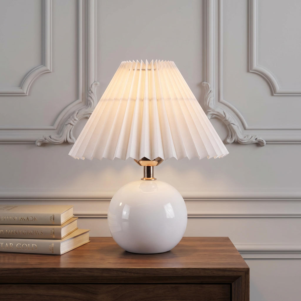Velvero Ceramic Globe Table Lamp – Walnut Base, Beige Shade