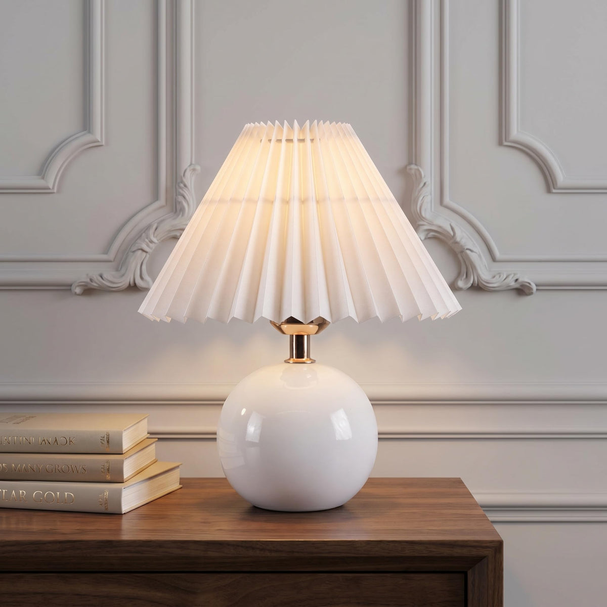 Velvero Ceramic Globe Table Lamp – Walnut Base, Beige Shade