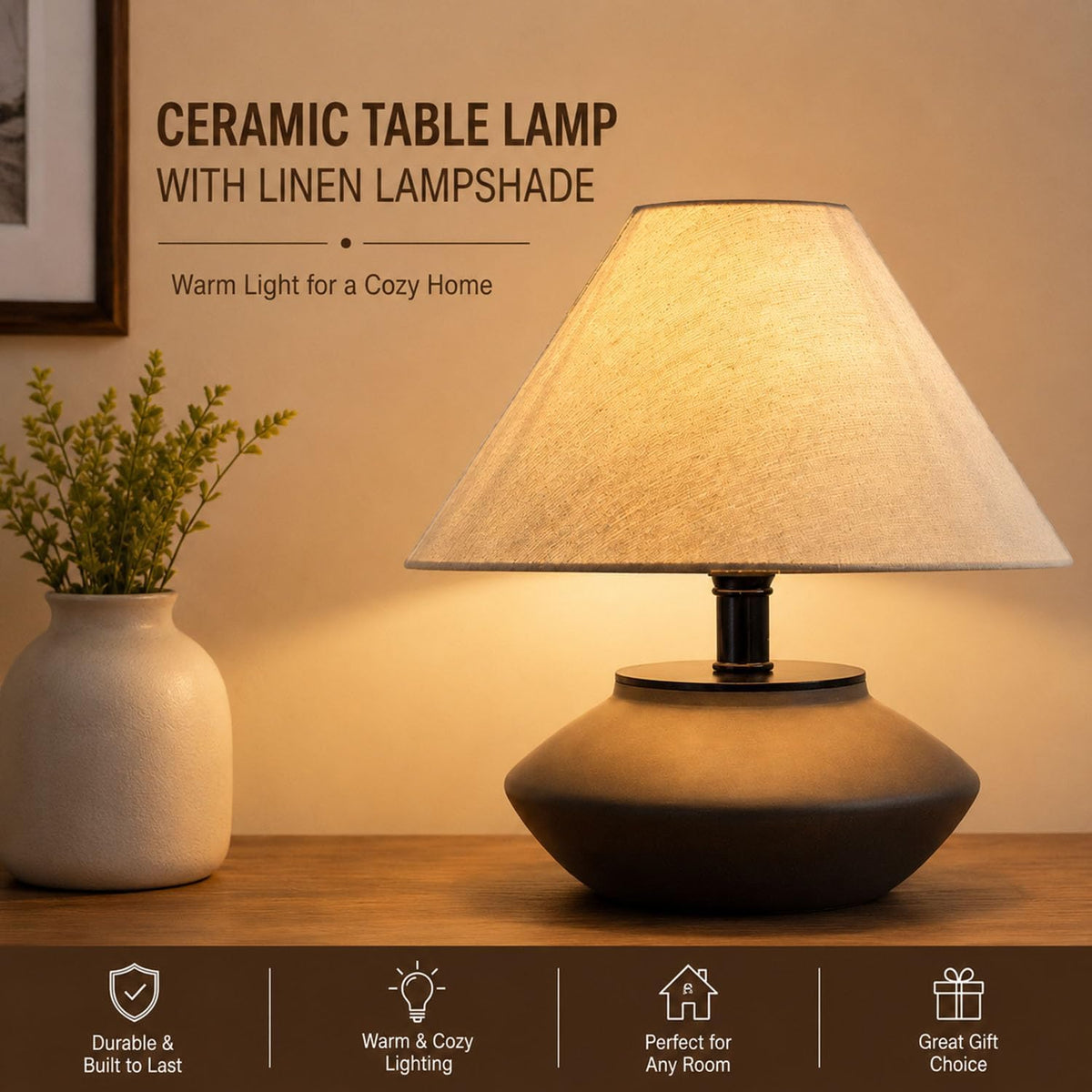 Velvero Farmhouse Ceramic Table Lamp – Black Base, Linen Shade