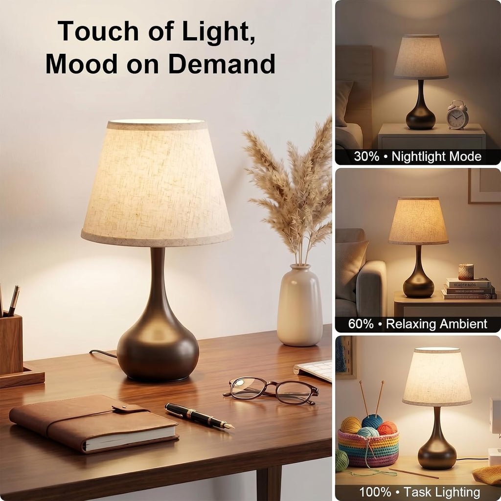 Velvero Touch Bedside Table Lamp – 3-Way Dimmable with Fabric Shade