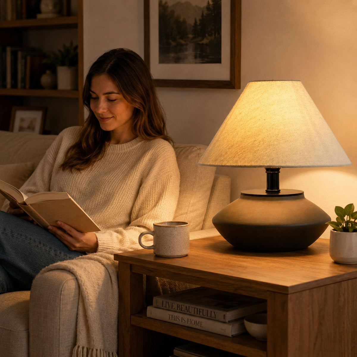 Velvero Farmhouse Ceramic Table Lamp – Black Base, Linen Shade
